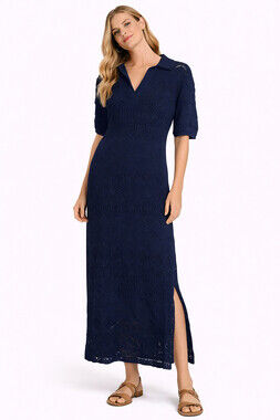 FP Beach Islamorada Crochet Knit Midi Dress Dark Blue Collared Cover Up Size S